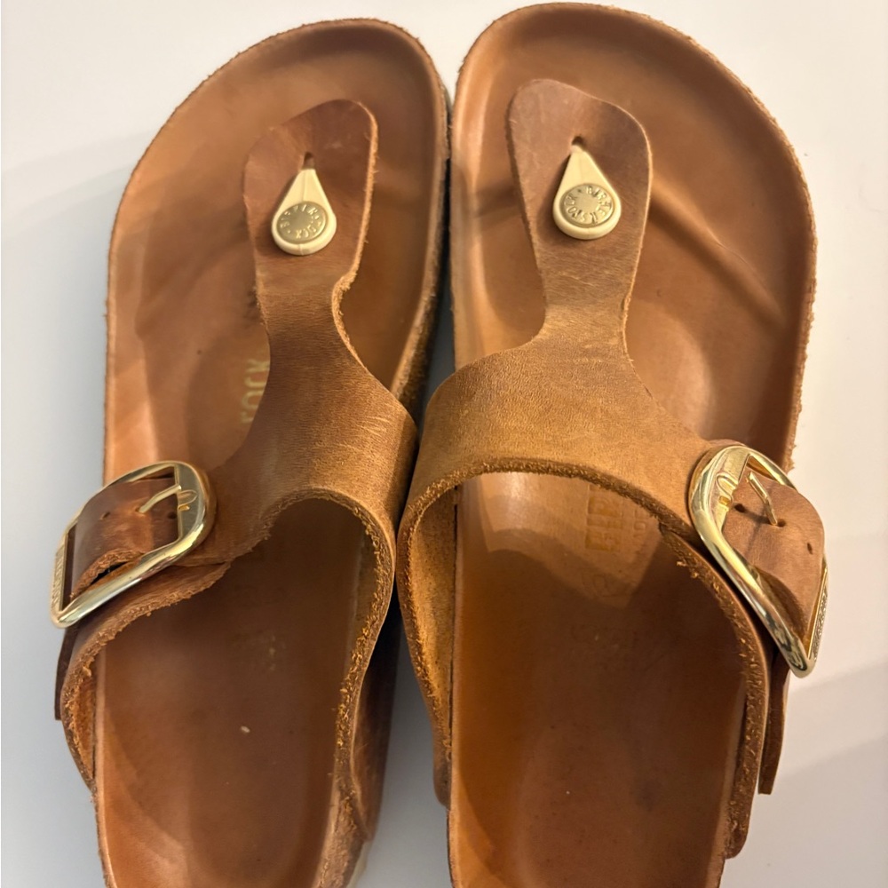 Birkenstock Gizeh Gold Buckle Cognac Brown Leather Sandal Size 38